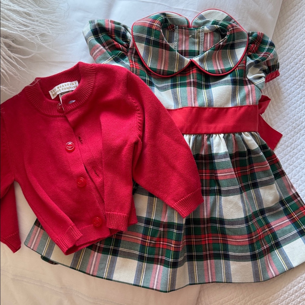 The Beaufort Bonnet Company Red and Green Plaid Dress with Cardigan
